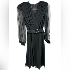 Vintage 80s Ursula Of Switzerland Black Midi Dress Size 8‎ Rhinestone Belt Sheer